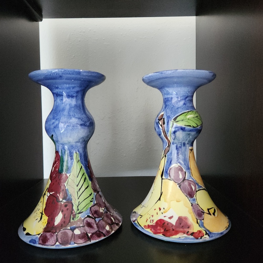 Rare Hasslock Pottery Candlesticks Pair Signed 2002 New Orleans Studio Art Fruit